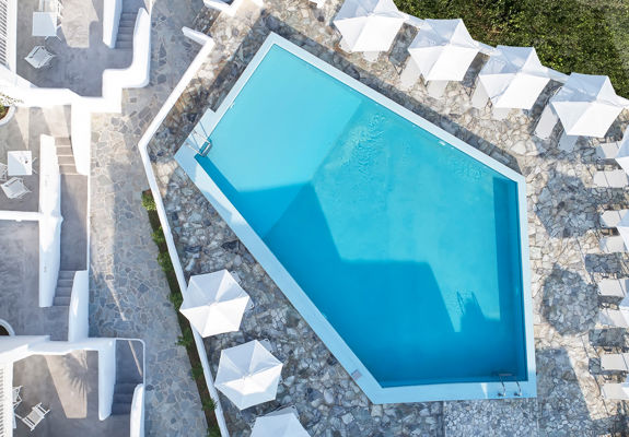 Knossos Beach Pool Bar top-down view of the pool