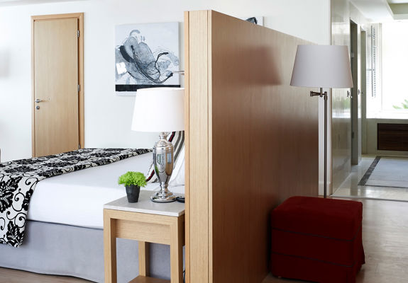Knossos Beach Two Bedroom Spa Suite Sea View Private Pool double bed and room interior