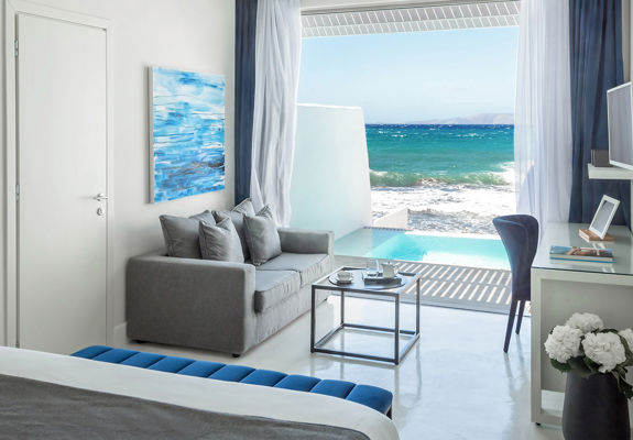 Knossos Beach Two Bedroom Suite Water Front Private Pool bedroom with terrace view