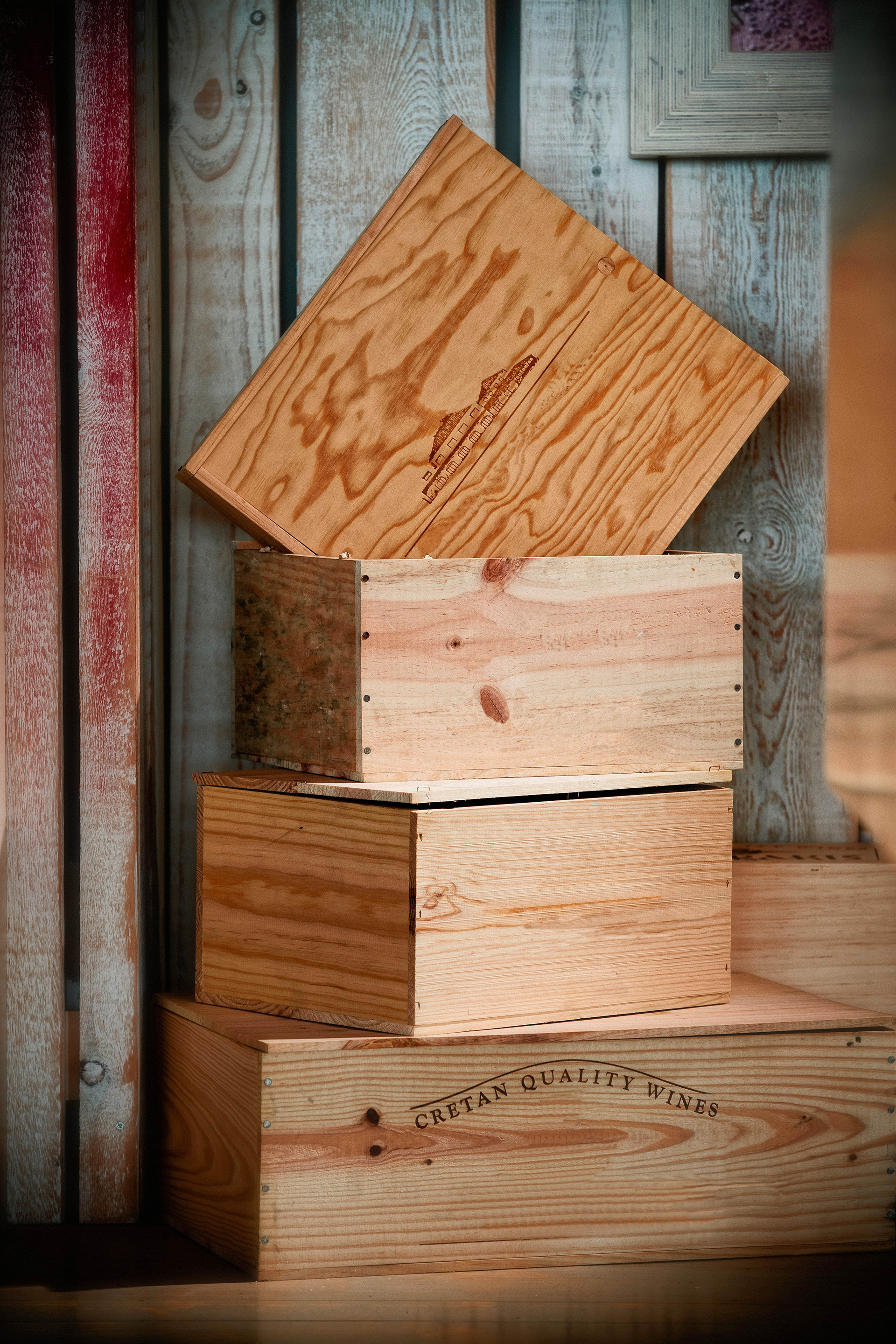 Wooden boxes of wine bottles