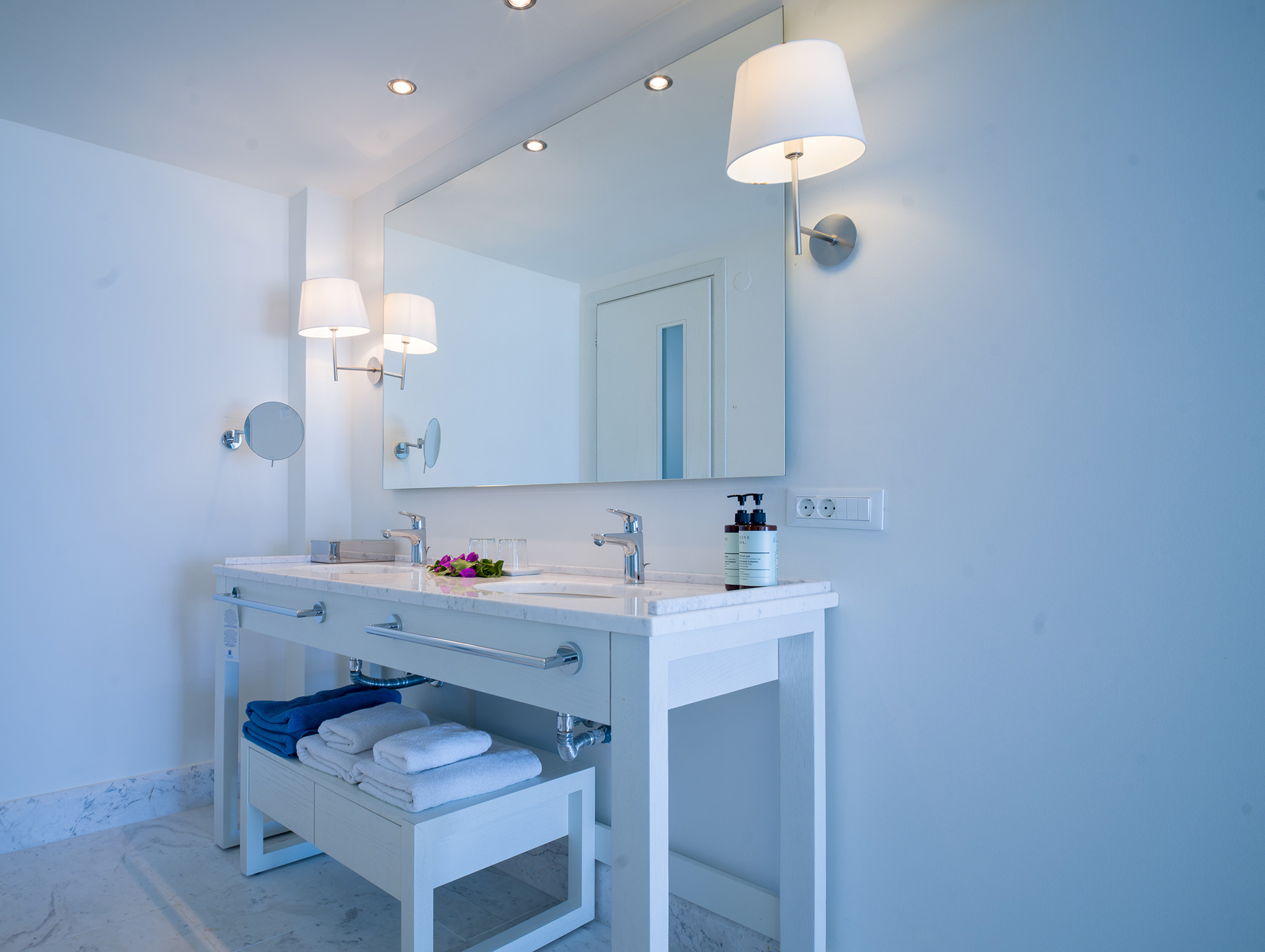 Knossos Beach Bungalow Water Front bathroom double washbasins and amenities